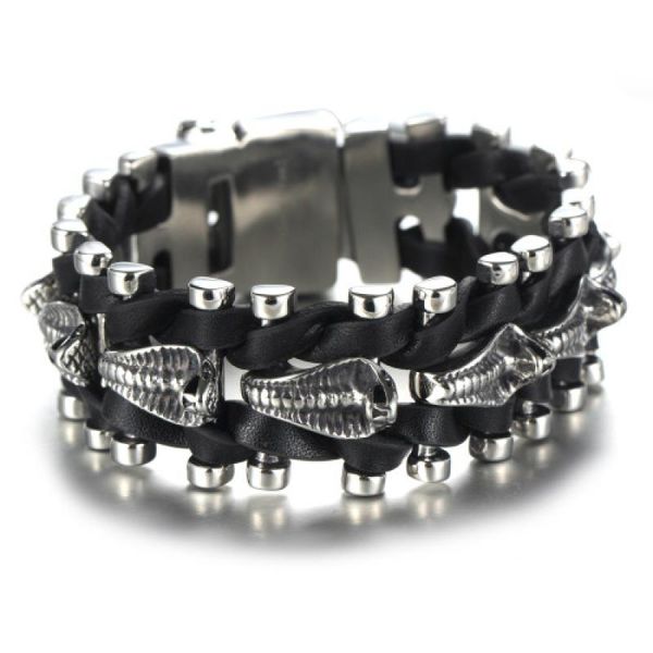 

beaded, strands men's retro fashion punk snake head leather braided bracelet jewelry gift, Black