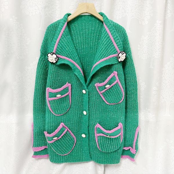 

1109 2022 runway autumn brand same style sweater long sleeve lapel neck cardigan green kint womens clothes womens jinniu, White;black
