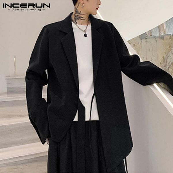 

men's suits & blazers fashion men casual blazer solid color lapel 2021 long sleeve irregular streetwear lace up elegant thin coats ince, White;black