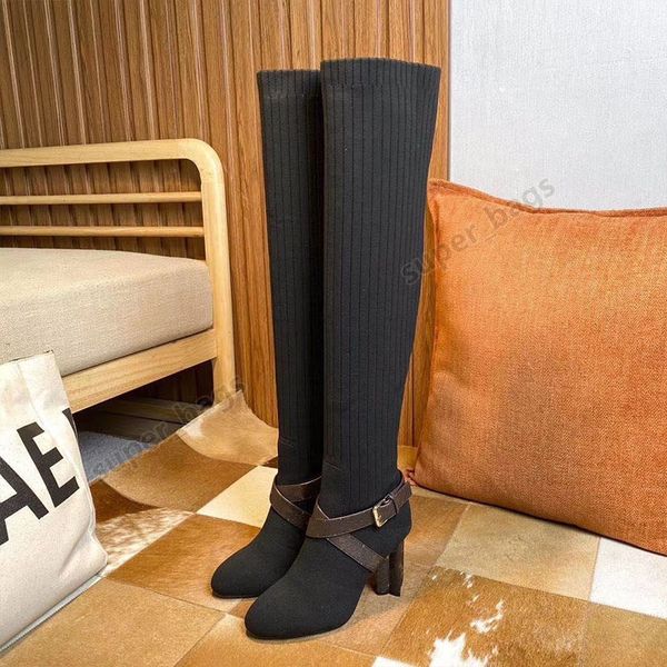 Botas de salto de meia de luxo moda de malha elástico elástico designer longa tubo alfabético mulheres sapatos senhora letra espessura alto salto alto tamanho 35 a 42