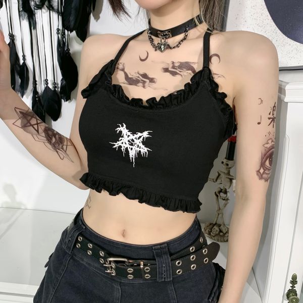 

goth pentagram print black camis harajuku spaghetti straps cross camisole punk backless women summer cropped, White