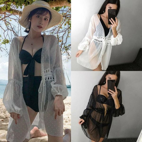 

women's swimwear women long puff sleeve dot see through v neck lace up casual hollow out black/white beach wrap bikini cover ups dress, White;black