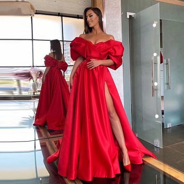 

half sleeves evening dresses side split long prom dress lace up back robe de soiree, Black;red