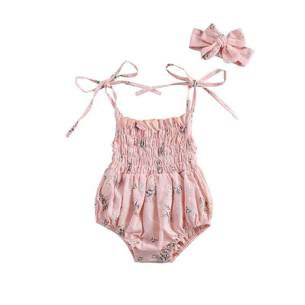 

clothing sets 0-18m 2pcs baby summer outfits, floral printed tied spaghetti strap romper + sweet bowknot headband for toddler girls, White