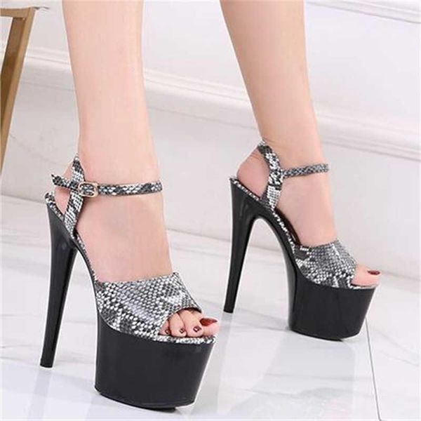 

dress shoes 2021 summer car models women ultra high heel peep toe sandals 17/20 cm waterproof snakeskin stiletto nightclub, Black