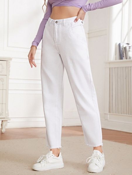 

high waist raw hem mom jeans 06dn#, Blue