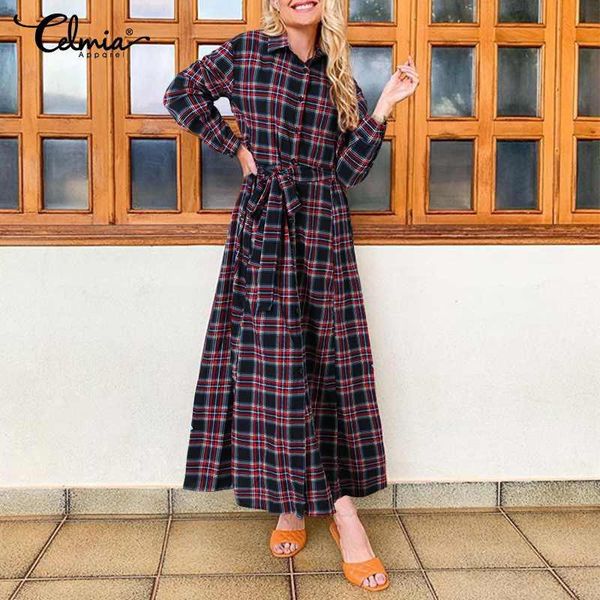 

celmia women maxi dress 2021 fashion long sleeve belted plaid checked sundress female casual loose lapel vestidos oversized robe, Black;gray