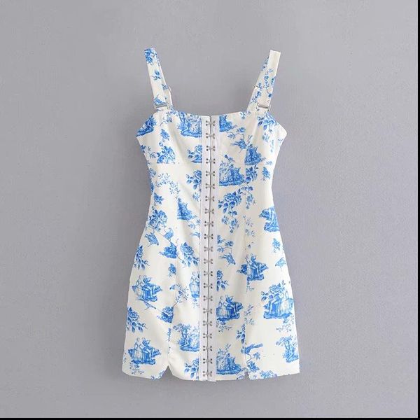 

vintage chic blue and white porcelain print hook button dress elegant ladies square collar sling mini dresses, Black;gray