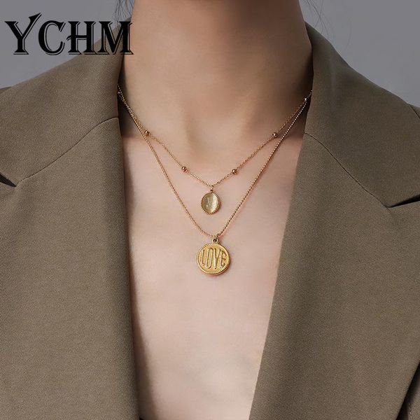 

pendant necklaces ychm coin opal necklace double layered stainless steel multi-layers for women gold plated trendy jewelry, Silver