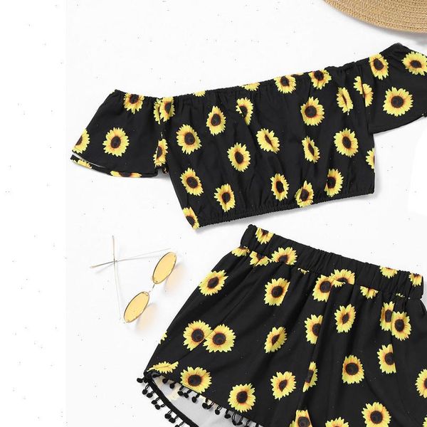 

two piece set women lounge wear women off shoulder sunflower print tassel shorts outfits for women ensemble femme, Gray
