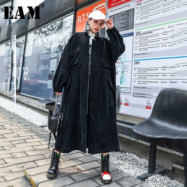 

eam] women leopard print corduroy long big size trench new stand collar loose fit windbreaker fashion spring autumn 1d160 201030, Tan;black