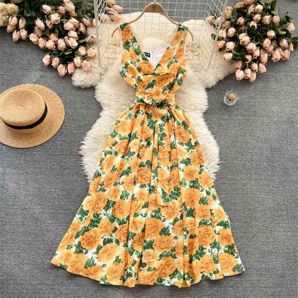 

seaside holiday clothes women fashion elegant print v-neck sleeveless slim a-line dress vintage vestidos s422 210527, Black;gray