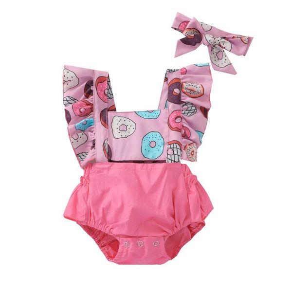 

clothing sets baby girls 2pcs summer outfits, cute doughnut print ruffle sleeve romper with headband set, White