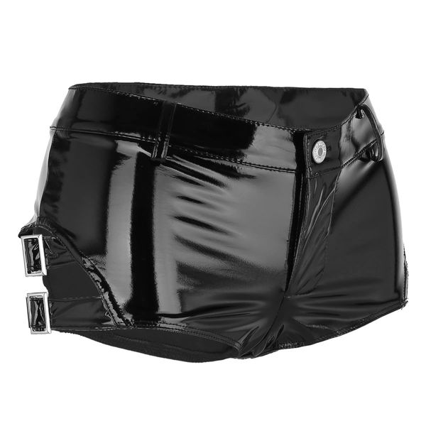 Shorts Schwarz Damen Glänzendes Leder Kurze Hose Hot Low Rise Pole Dance Latex Shorts Clubwear Rave Sexy Höschen Reißverschluss Mini Booty Shorts 21