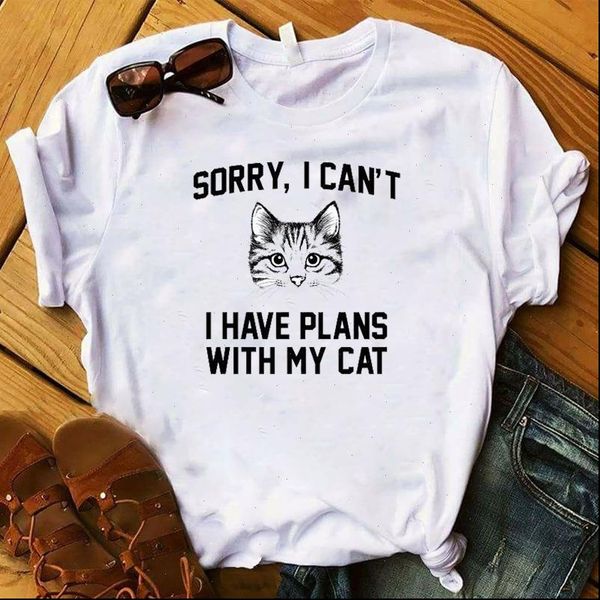 

women lady t shirt sorry i have plants with my cat printed tshirt ladies tee shirt female clothes graphic t shirt, White