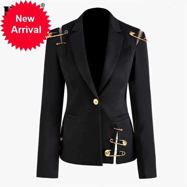 

eam] loose fit black hollow out pin spliced jacket new lapel long sleeve women coat fashion tide spring autumn 2021 jz500, Black;brown