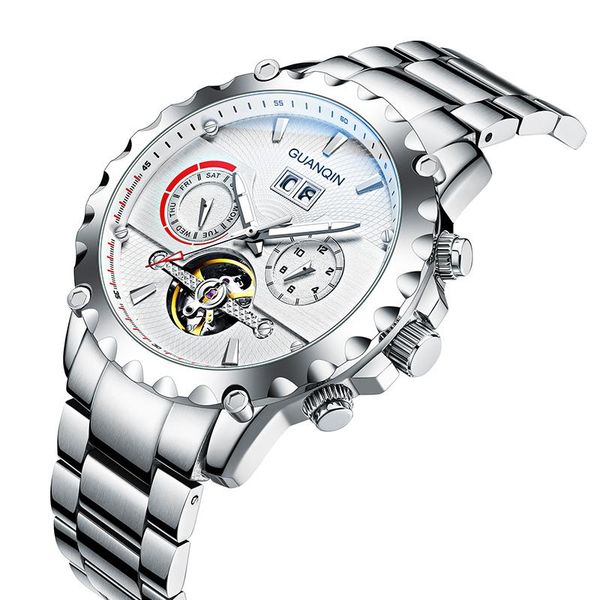 

wristwatches guanqin luxury mechanical automatic watch men's stainless steel sapphire waterproof tourbillion men wristwatch, Slivery;brown