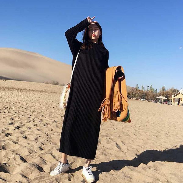 

casual dresses women autumn winter loose plus size knitted female long solid turtleneck sweater dress ladies korean style p80, Black;gray