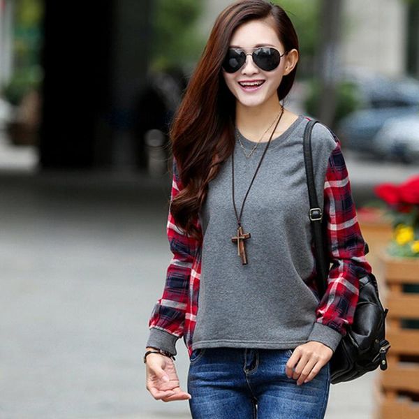 

women's hoodies & sweatshirts women thin loose blouses casual shirts stitching plaid long sleeved pullover o-neck shirt autumn, Black