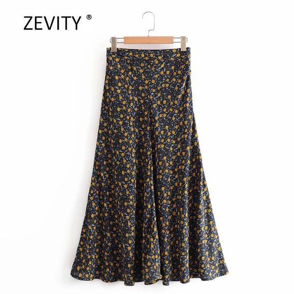 

zevity new women vintage floral print pleats casual long a line skirt faldas mujer ladies side zipper chic leisure skirts qun639 210311, Black