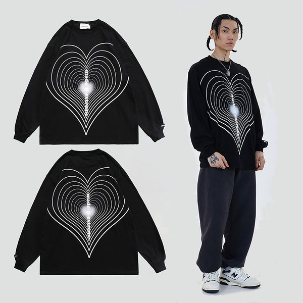

2021 new rua 3d reflexivo amor oversize long-sleeved camiseta masculino e feminino tripulao pescoo casual primavera g320, White;black