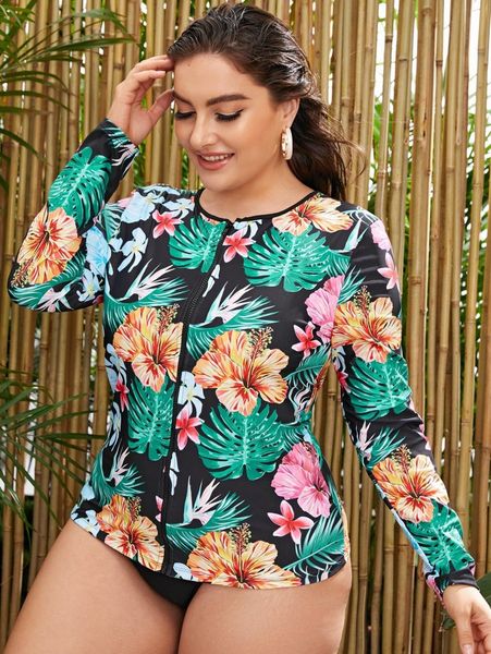

plus floral print zipper front bikini g9wp#, Black
