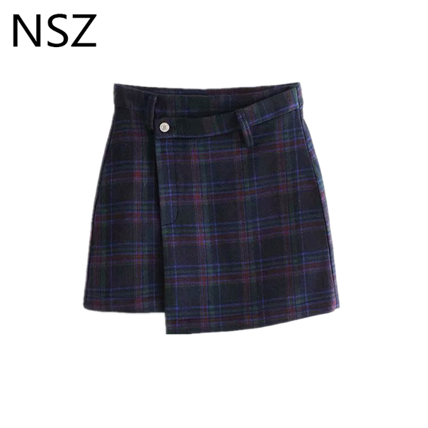 

skirts nsz women houndstooth wool skirt high waist elegant plaid asymmetry woolen mini check vintage fall winter, Black