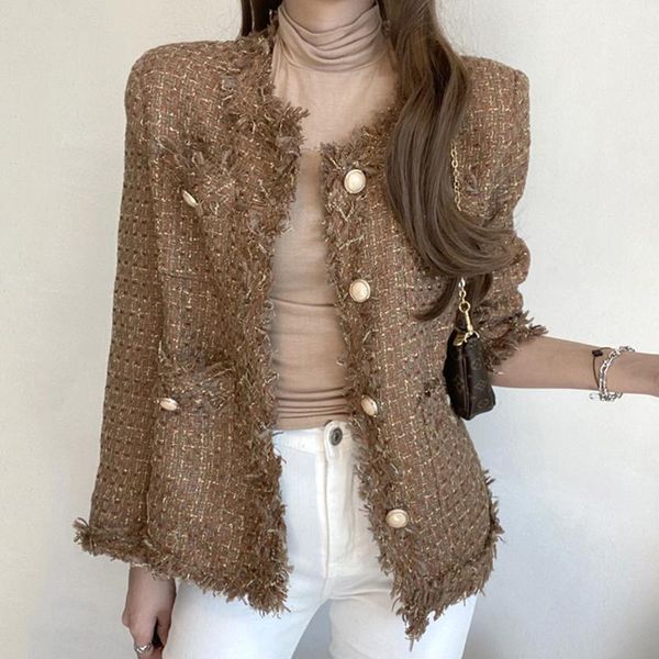 

women coat autumn and winter single-breasted fringe edging design loose long-sleeved tweed jacket women clothes, Black;brown