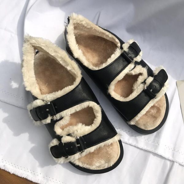 

luxury flat sandals women comfortable sandalias fur roman sandals genuine leather summer shoes woman open toe sapato feminino, Black