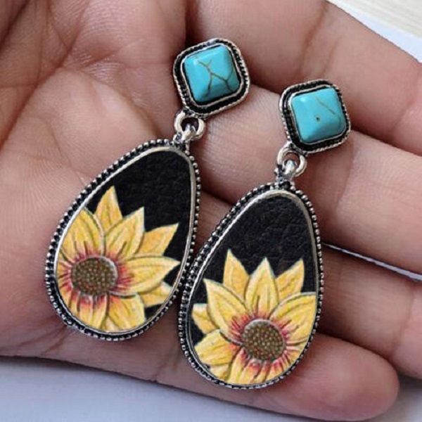

turquoise sunflower earring 2020 vintage water drop turquoise earrings sunflower dangle women charm jewelry christmas gift, Silver