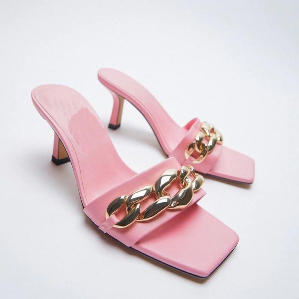 

women's high heel sandals 2021 spring and summer new women's shoes pink square head metal chain high heel sandals with thin, Black