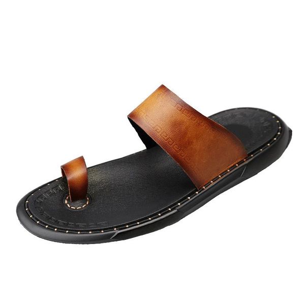 

slippers summer men cowhide slides outdoor wear casual leather shoes, Black