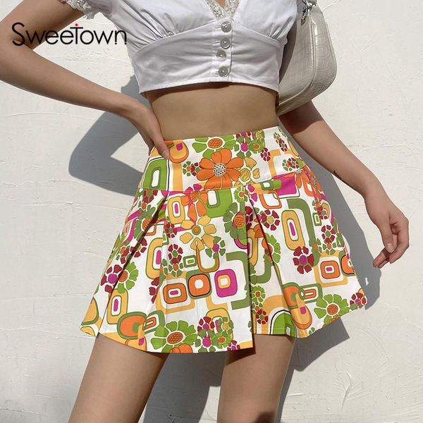 

skirts sweetown floral print y2k pleated mini woman 2000s aesthetic kawaii clothes preppy style low waist e girl skirt summer, Black