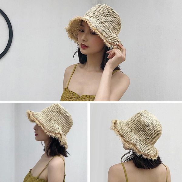 

summer women crochet knit straw hat wide wavy brim sunscreen beach cap sunhat outdoor anti uv bowknot straw sun hat panama1, Blue;gray