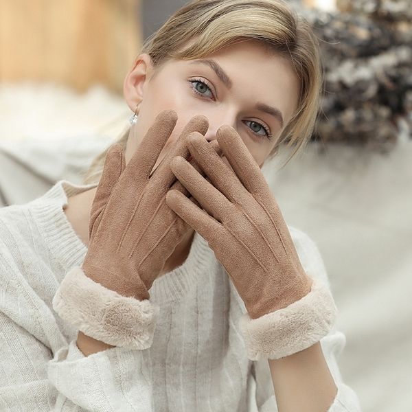 

ski gloves female autumn and winter touch screen plus suede warm outdoor riding split finger driving thickened, Black