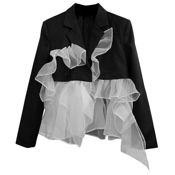 

women's suits & blazers women blazer mesh patchwork asymmetry jackets irregular color matching vintage suit coat fashion outerwear fema, White;black