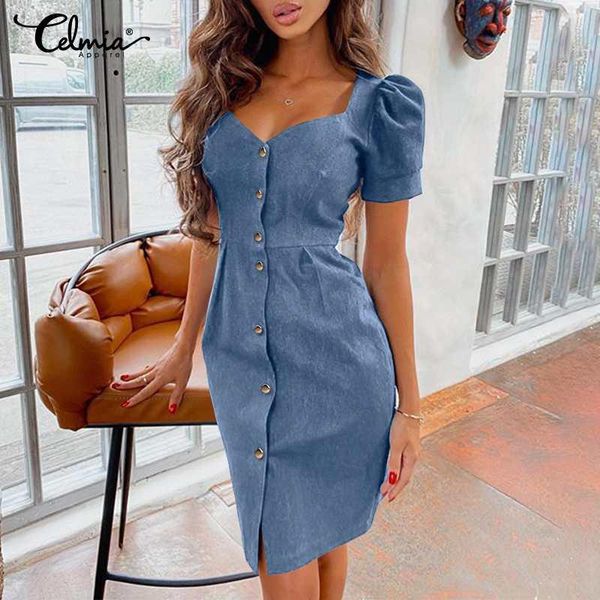 

fashion shirt dress 2021 summer sundress celmia women square collar puff sleeve elegant knee-length denim party vestidos, Black;gray