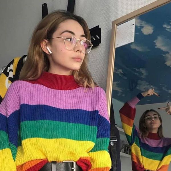 

rainbow sweater round neck color long sleeve shirt autumn sweater shirt womens clothing 02 st ylzsms drop shipping, White;black