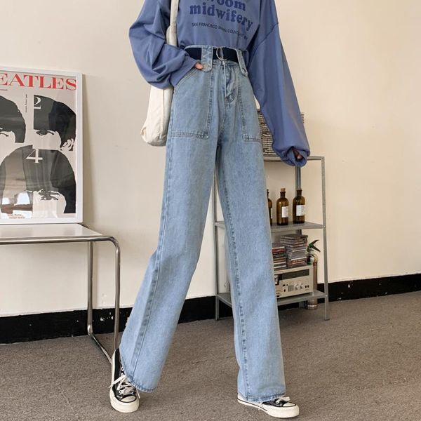 

#7815 washed wide leg pants women jeans spring autumn high waist jeans casual loose show thin straight regular feminino, Blue