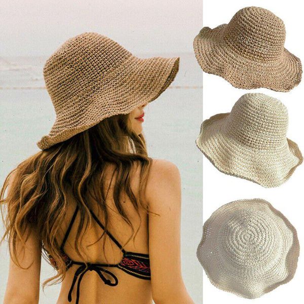 Elbru Bayanlar Yaz Güneş Şapkaları Kadın Hasır Plaj Katlanabilir Geniş Ağız Disket Tatilde Güneş Kremi Sahil Şapka Seyahat