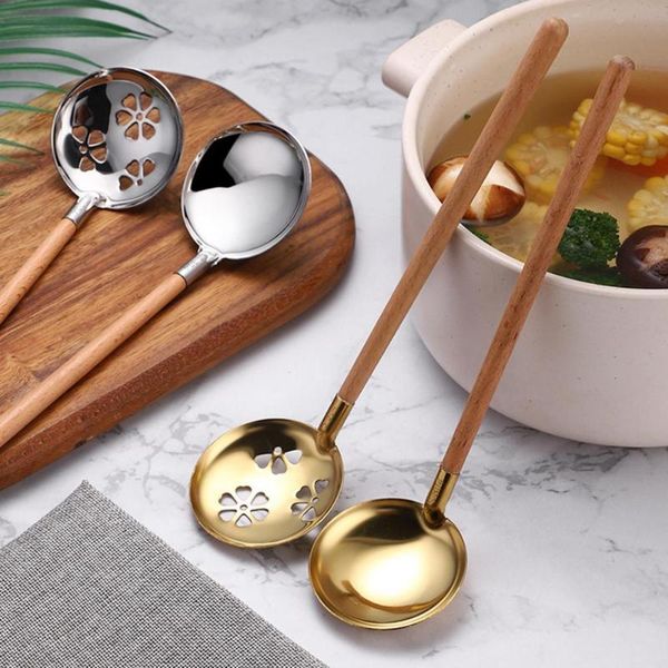 

spoons soup spoon colander stainless steel long wood handle cooking strainer kitchen