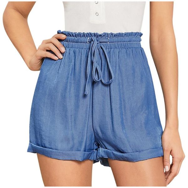 

design women summer casual soild frill trim drawstring short mid waist rolled hem shorts delicate women's, White;black