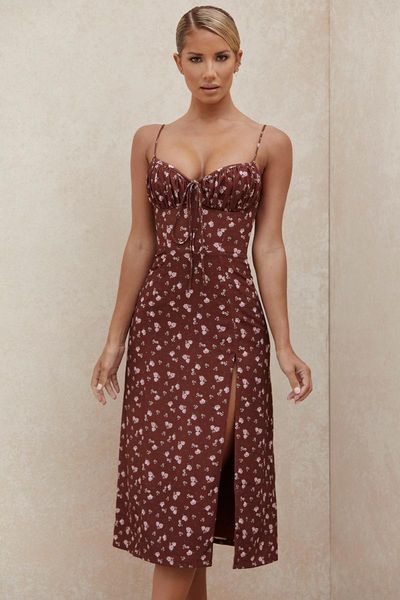 

casual dresses 2021 summer women floral red dress camisole spaghetti strap sleeveless split bodycon club party mid calf midi slim, Black;gray