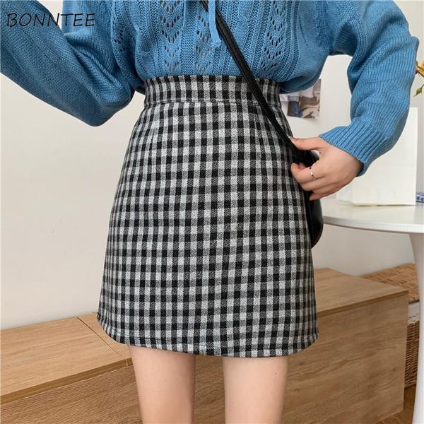 

skirts women korean preppy style sweet spring all-match chic ulzzang plaid high waisted slim daily cozy feminine fashion hipster, Black