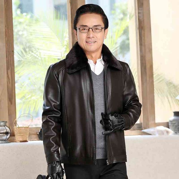 

2021 autumn winter new men's clothes korean version middle-aged handsome leather jacket loose suede collar elderly, Black;brown
