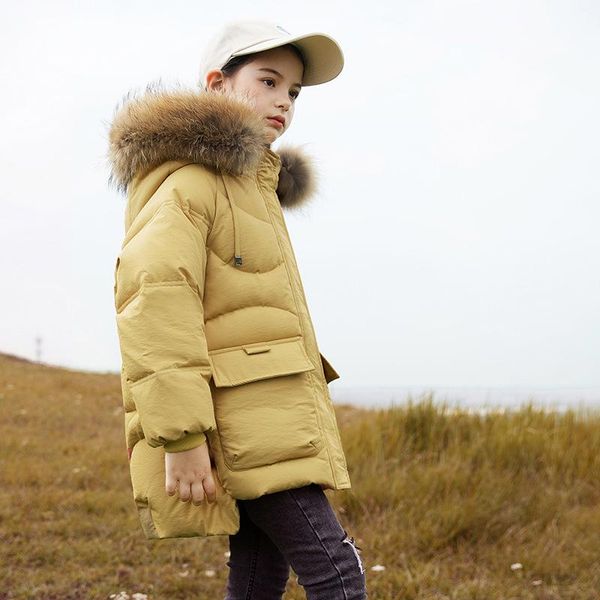 

down coat winter fashion warm jacket for girls 4-12 years child white duck long hooded big fur collar windproof, Blue;gray