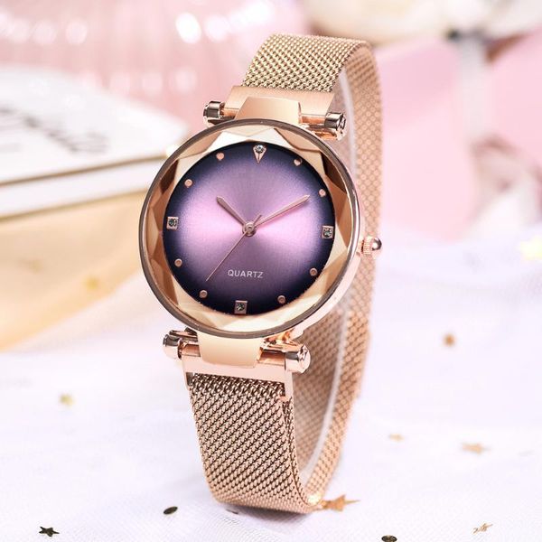 

wristwatches fashion casual luxury ladies geometric surface quartz watch mesh magnet clasp starry sky relogio feminino, Slivery;brown