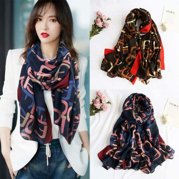 

autumn winter 2020 korean new cotton and hemp women's messy printing warm star same silk scarf hangzhou shawl, Blue;gray