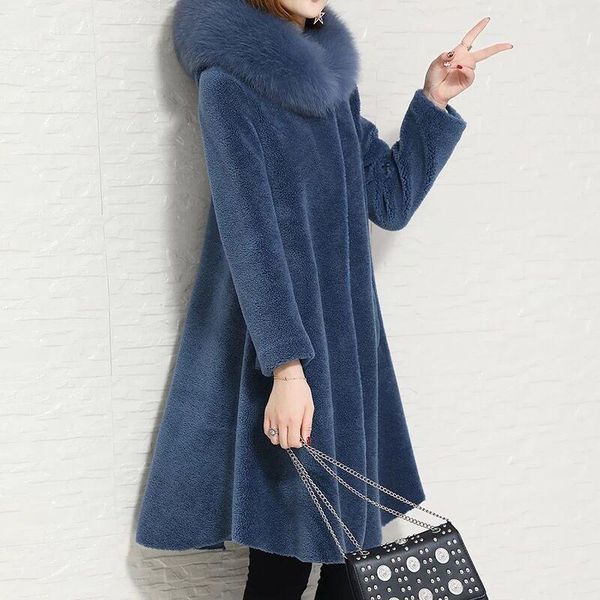 

women's fur & faux sheep shearing winter real coat collar wool jacket women clothes 2021 manteau femme 88017 yy1116, Black