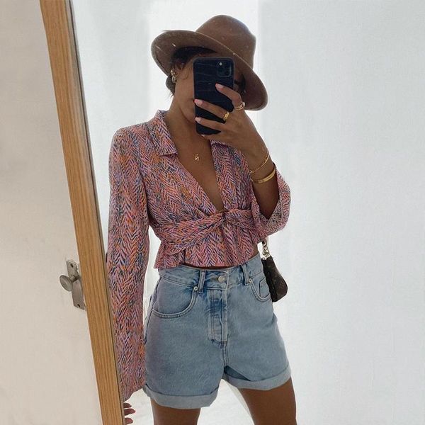 

women's blouses & shirts ardm fahion floral print blusa feminina deep v long sleeve femme high waist with belt crop women 2021, White